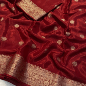 Red Banarasi Velvet Silk Saree with Golden Buttas