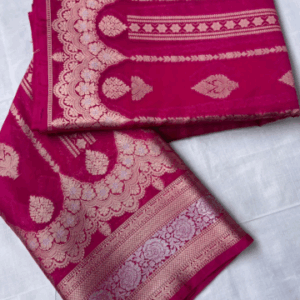 Pink Banarasi Silk Saree with Golden Zari Border – Wedding & Festive Wear