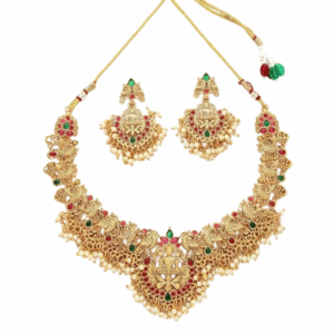 Antique Gold-Plated Temple Necklace Set with Lakshmi Motif & Ruby-Emerald Stones
