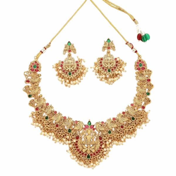 Antique Gold-Plated Temple Necklace Set with Lakshmi Motif & Ruby-Emerald Stones