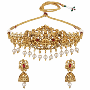 Traditional Gold-Plated Temple Choker Necklace with Pearls & Lakshmi Design